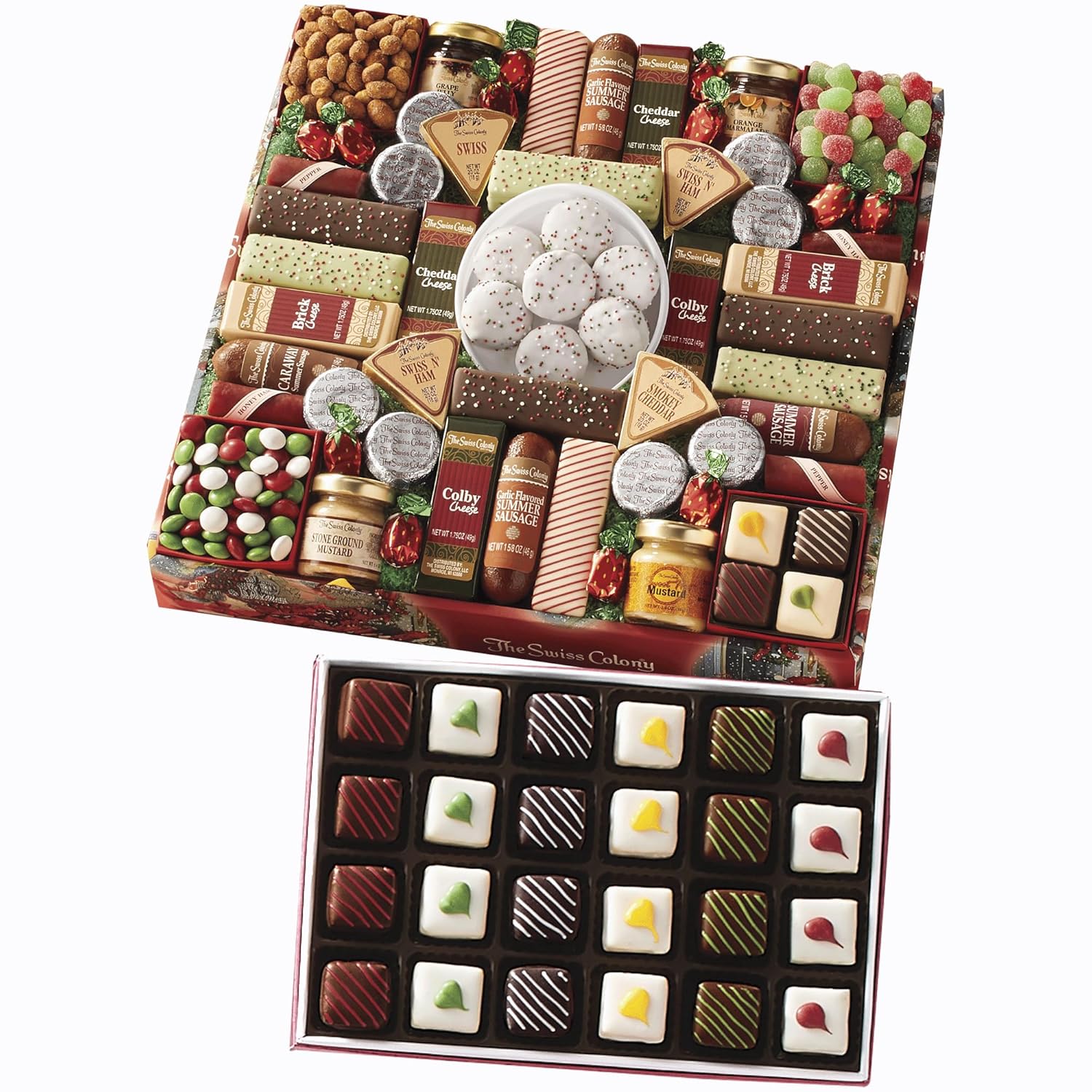 The Swiss Colony 43 Season Pleasers - Assorted Summer Sausage Meats, Cheese Bricks & Wedges, Spreadables, Candies & Chocolate Treats with Merry Christmas Petits Fours Gourmet Mini Layer Cakes