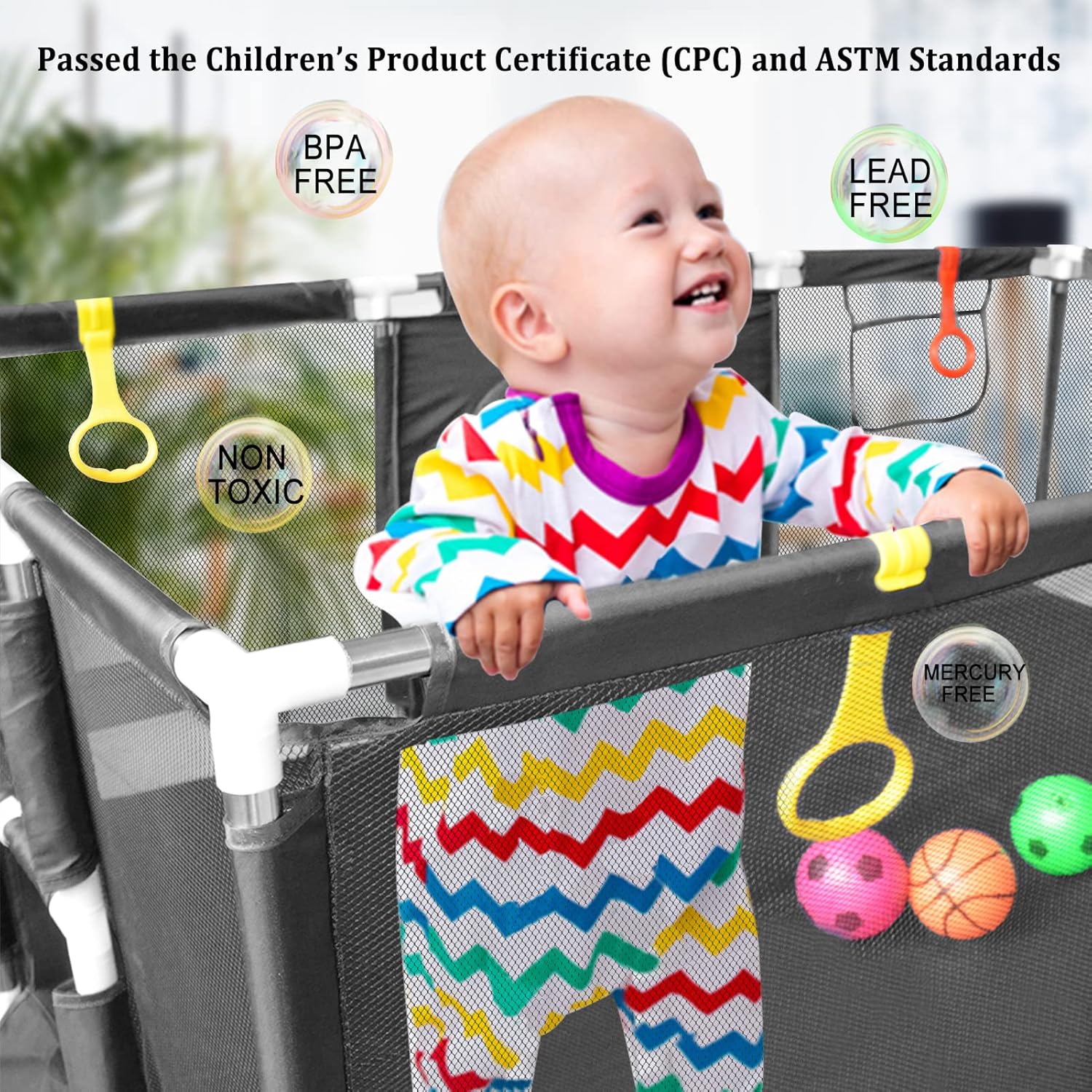 👉Price Reduction Notice👈 74×50 Large Playpen for Babies and Toddlers, Kids Playyard with Basketball Hoop & Football Nets, Comes with a Storage Carry Bag, Pull Up Rings, Sturdy Safety Play Pen w/Soft Breathable Mesh