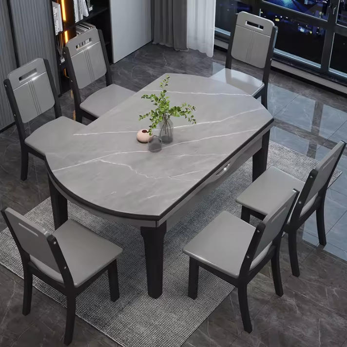 Modern Retractable Rock Plate Dining Table with Wooden Chair Combination for Home Apartment or Restaurant Furniture
