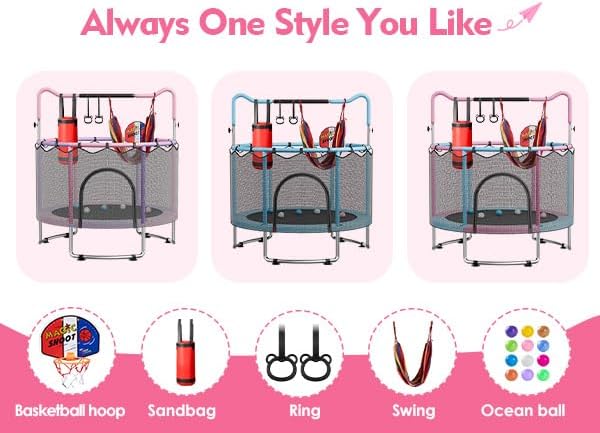 🔥【Year-end promotion】55/60 Trampoline for Kids, 4.5/5 FT Toddler Trampoline with Enclosur Net, Basketball Hoop & Sandbag, 440 LBS Capacity, Adjustable Height，Gifts for Ages 3-12 Boys & Girls