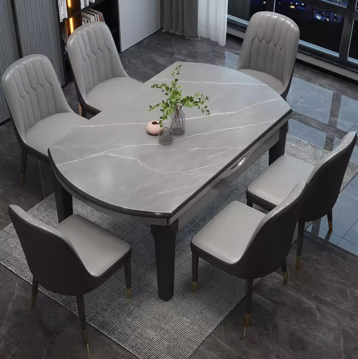 Modern Retractable Rock Plate Dining Table with Wooden Chair Combination for Home Apartment or Restaurant Furniture