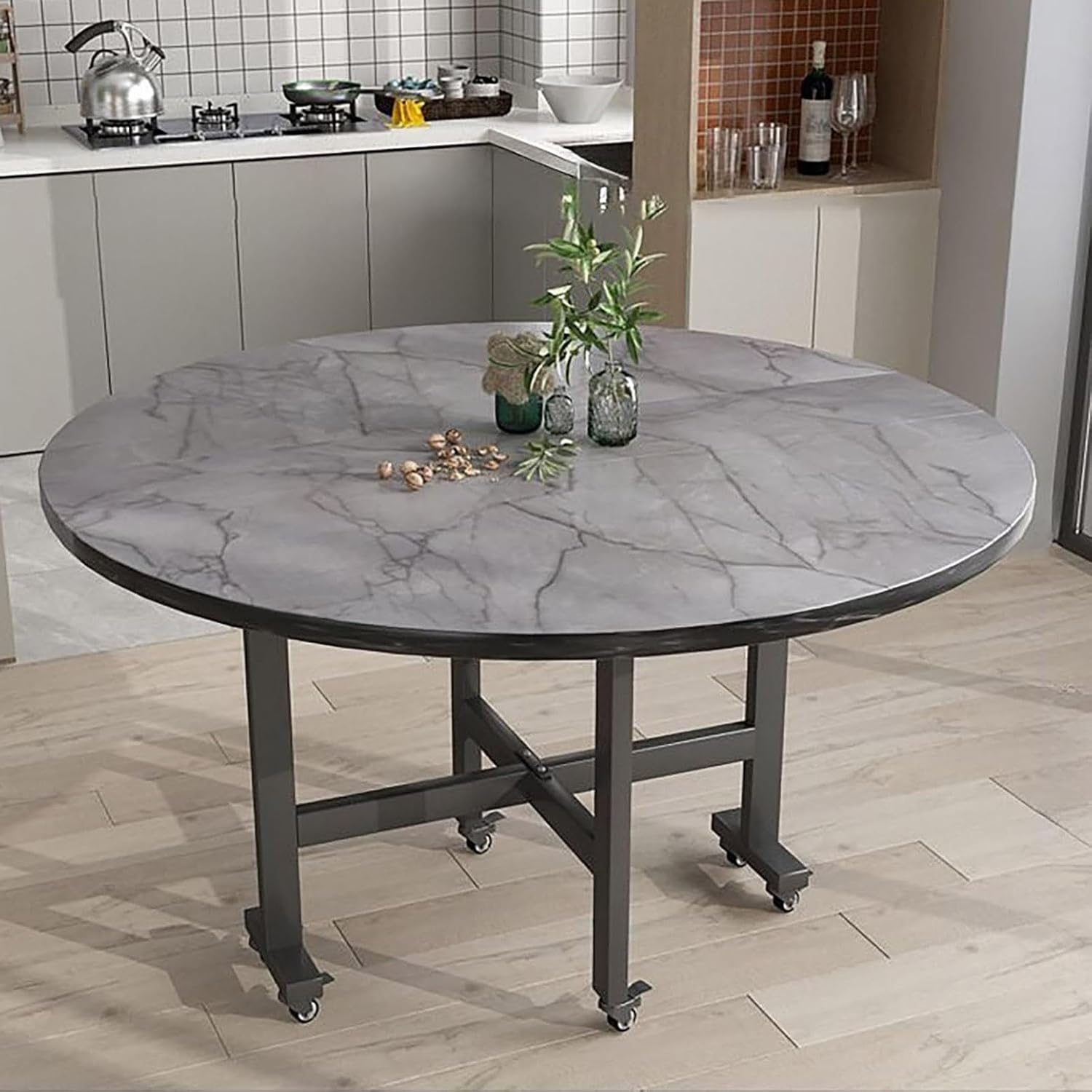 😍【Buy 1 Get 1 Free】Wooden Folding Dining Table With 4 Wheels Round Foldable Kitchen Table Space Saving Dining Table Vintage Expandable Dining Table For 6 Dining Room Tables Banquet Tables For Gatherings Meeting