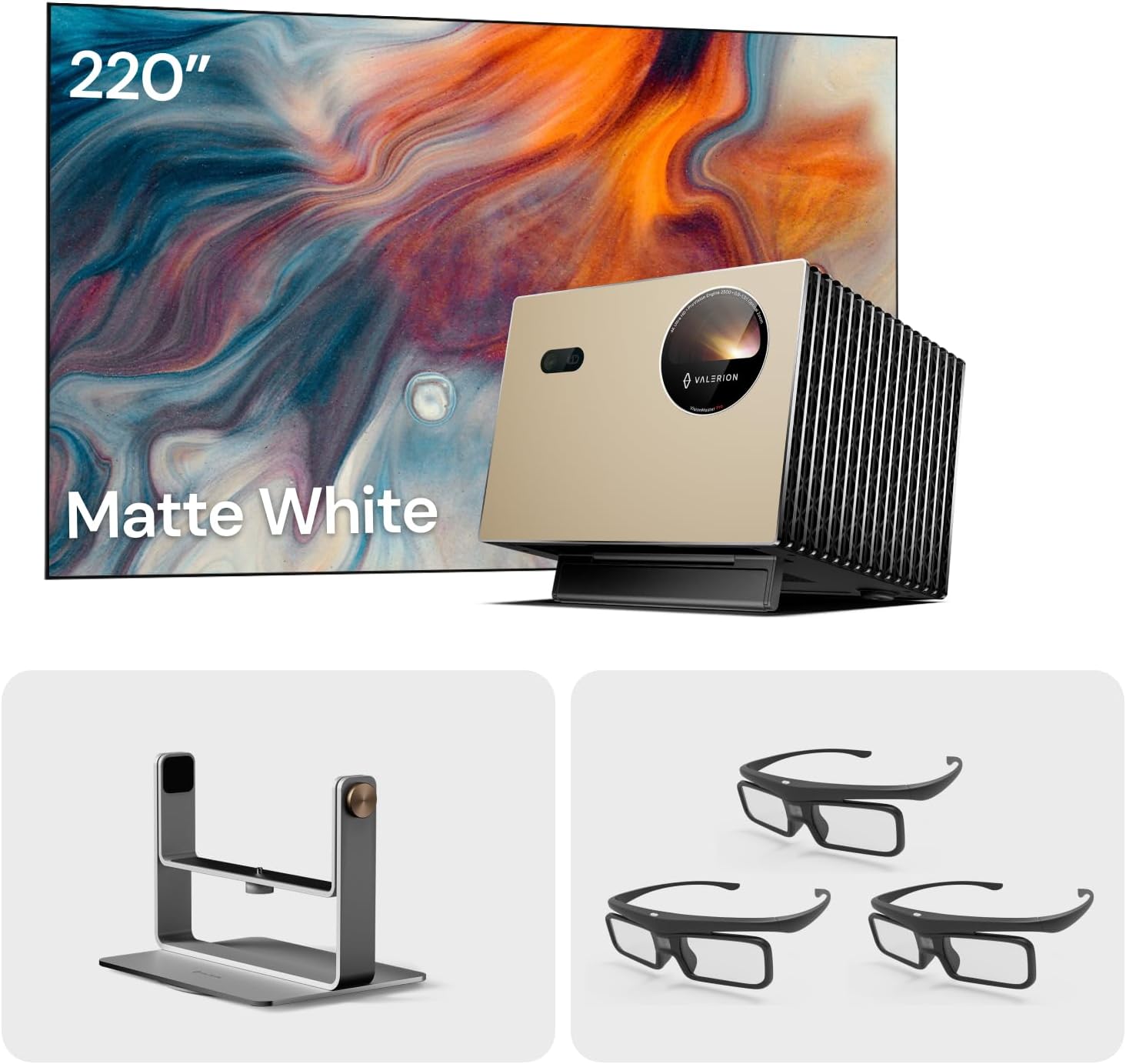 💢【Daily selection, each person can only purchase one order.】Home Theater:Valerion 220-inch Fixed Frame Projector Screen with VisionMaster Pro & Desktop Gimbal Stand & DLP Link 3D Glasses(3 Pack)
