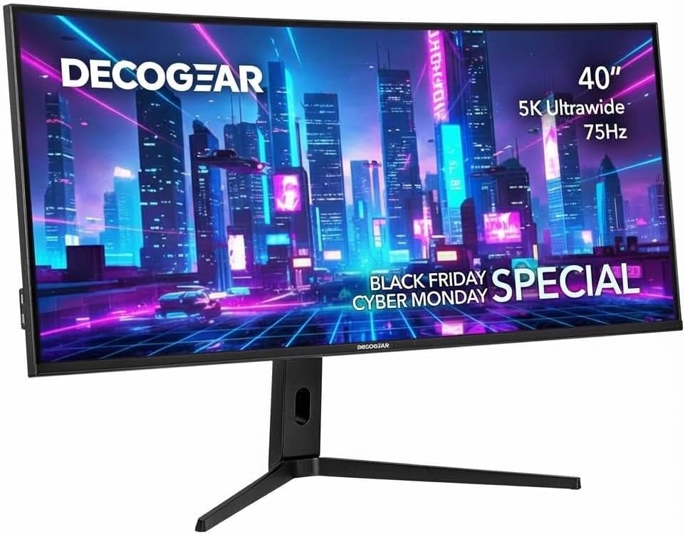 Deco Gear Curved 49” Super Ultrawide Gaming Monitor, 32:9 WDFHD 3840×1080, 144Hz, 4ms, 3000:1 VA, HDR400, Adaptive Sync, USB-C 65W, HDMI/DP, PBP/PIP, KVM, 1800R, American Seller