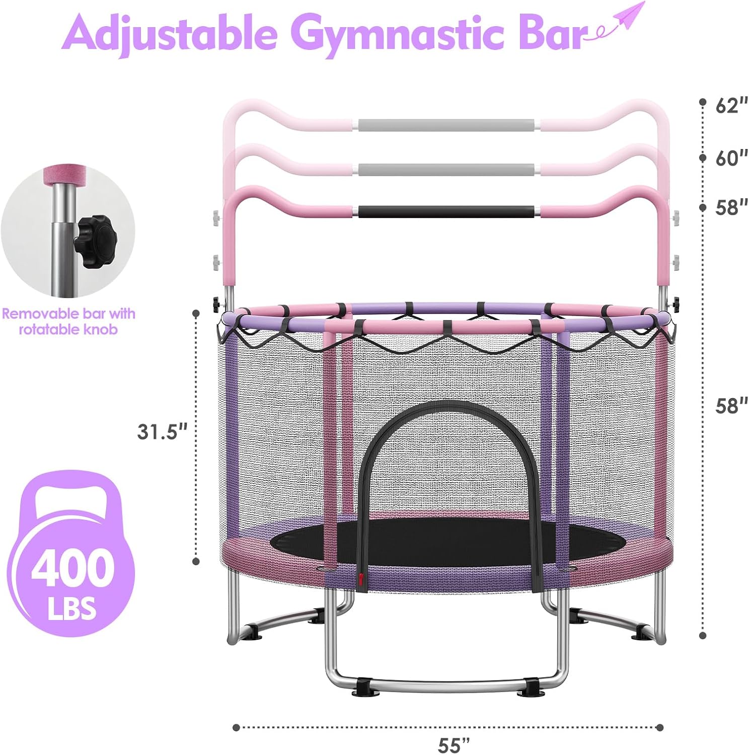 🔥【Year-end promotion】55/60 Trampoline for Kids, 4.5/5 FT Toddler Trampoline with Enclosur Net, Basketball Hoop & Sandbag, 440 LBS Capacity, Adjustable Height，Gifts for Ages 3-12 Boys & Girls