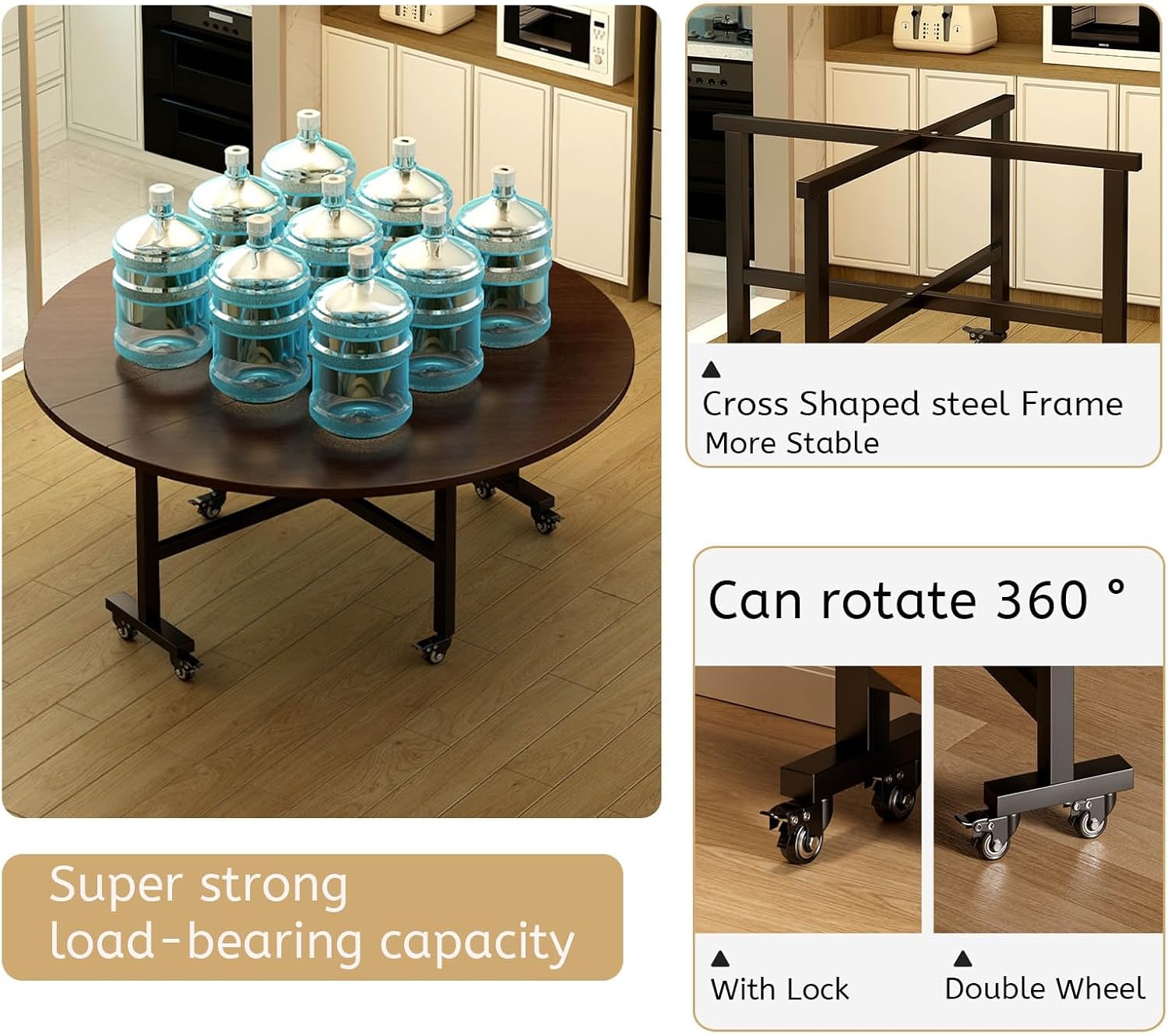 😍【Buy 1 Get 1 Free】Wooden Folding Dining Table With 4 Wheels Round Foldable Kitchen Table Space Saving Dining Table Vintage Expandable Dining Table For 6 Dining Room Tables Banquet Tables For Gatherings Meeting