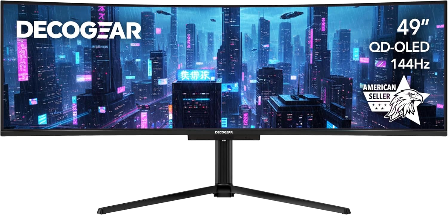 Deco Gear Curved 49” Super Ultrawide Gaming Monitor, 32:9 WDFHD 3840×1080, 144Hz, 4ms, 3000:1 VA, HDR400, Adaptive Sync, USB-C 65W, HDMI/DP, PBP/PIP, KVM, 1800R, American Seller