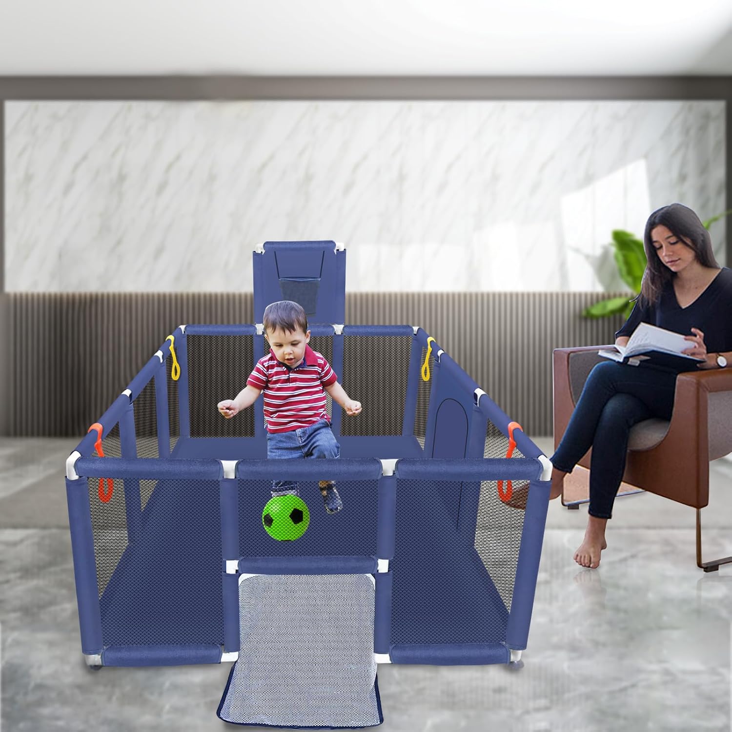 👉Price Reduction Notice👈 74×50 Large Playpen for Babies and Toddlers, Kids Playyard with Basketball Hoop & Football Nets, Comes with a Storage Carry Bag, Pull Up Rings, Sturdy Safety Play Pen w/Soft Breathable Mesh