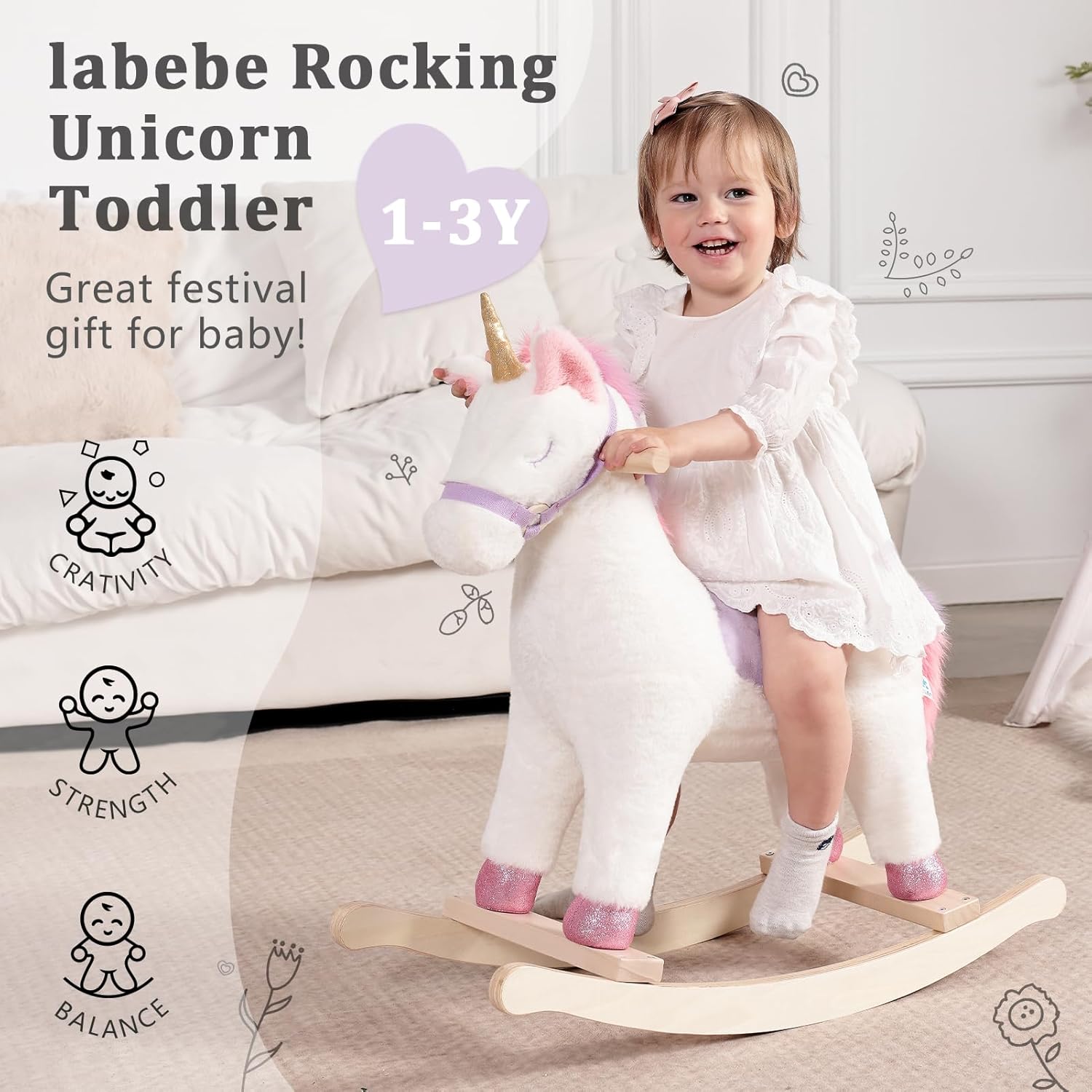 labebe - Baby Rocking Horse, Ride Unicorn, Kid Ride On Toy for 6 Month-3 Year Old, Infant (Boy Girl) Plush Animal Rocker, Toddler/Child Stuffed Ride Toy (Pink)