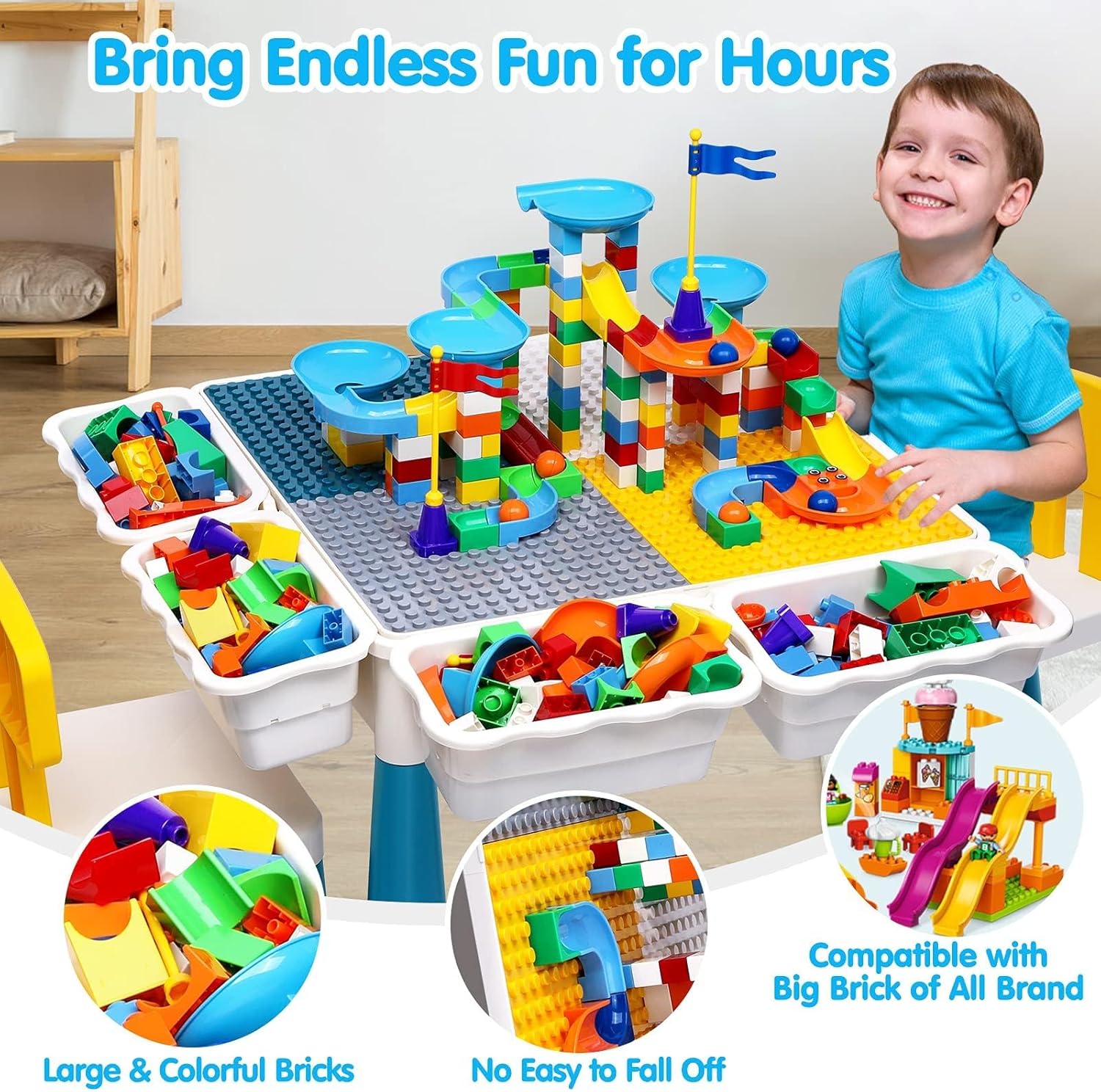 OCATO Kids Activity Table Toddlers Kids Table and Chair Set with 152Pcs Large Marble Run Building Blocks All in One Kid Play Water Tables Sand Tables, STEM Toys for Boys Girls 3 4 5 6 Year Old