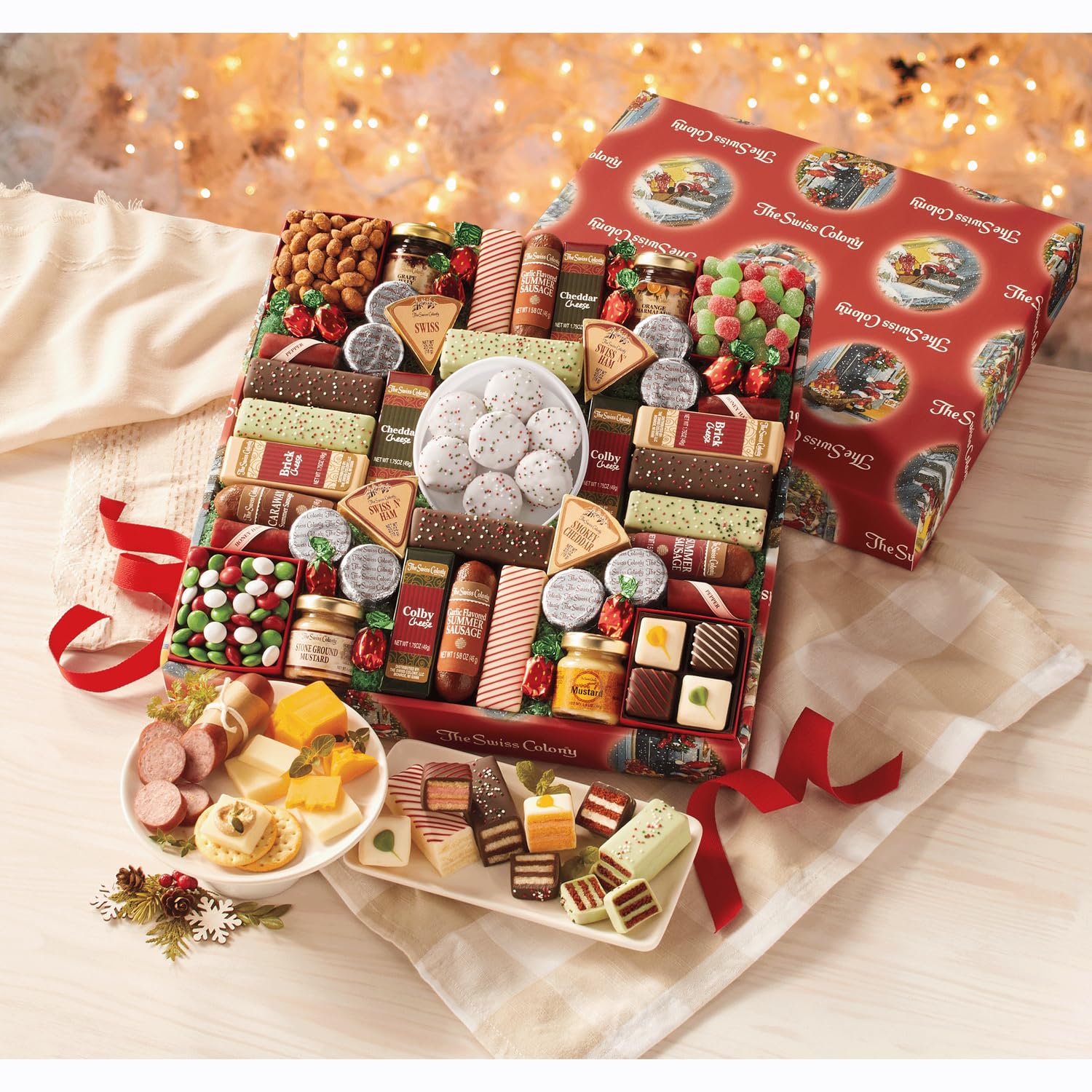 The Swiss Colony 43 Season Pleasers - Assorted Summer Sausage Meats, Cheese Bricks & Wedges, Spreadables, Candies & Chocolate Treats with Merry Christmas Petits Fours Gourmet Mini Layer Cakes