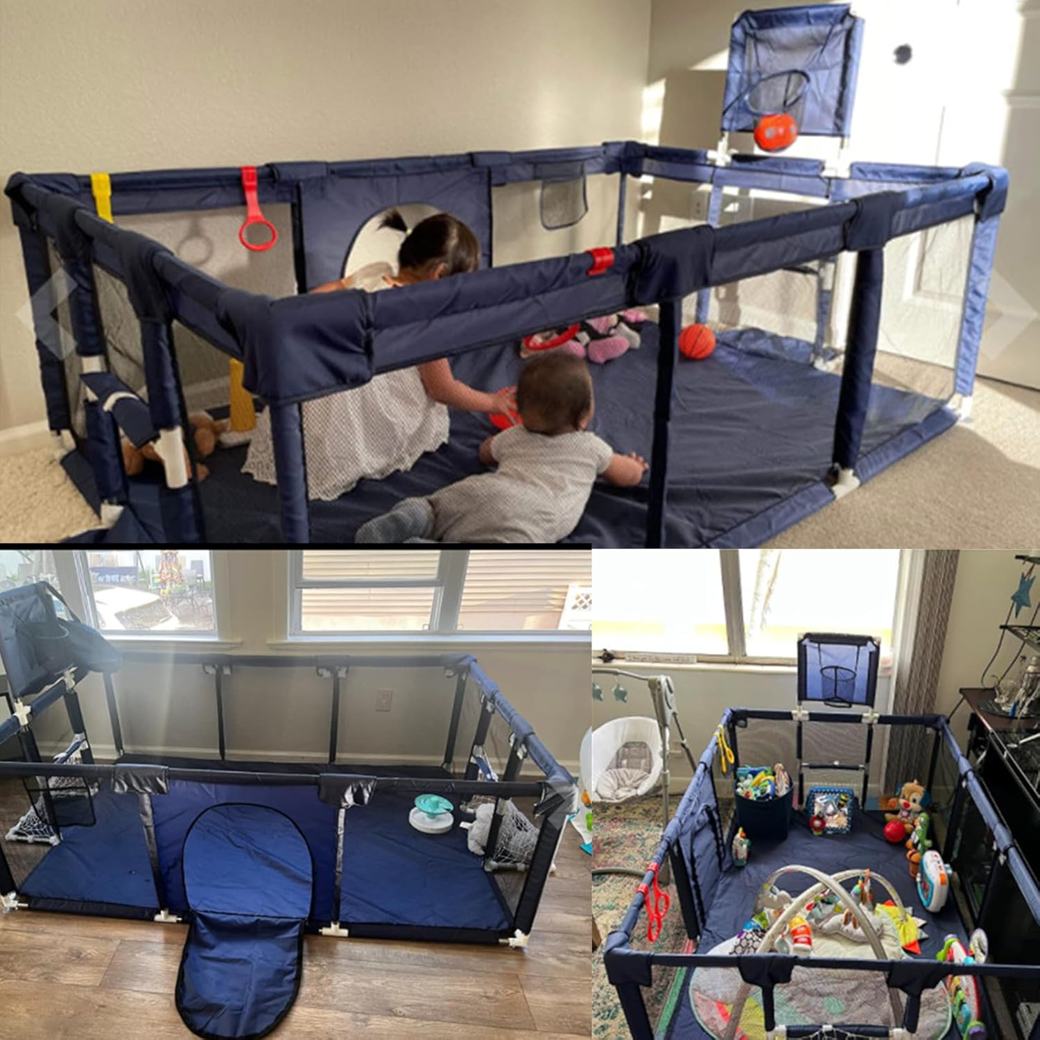 👉Price Reduction Notice👈 74×50 Large Playpen for Babies and Toddlers, Kids Playyard with Basketball Hoop & Football Nets, Comes with a Storage Carry Bag, Pull Up Rings, Sturdy Safety Play Pen w/Soft Breathable Mesh