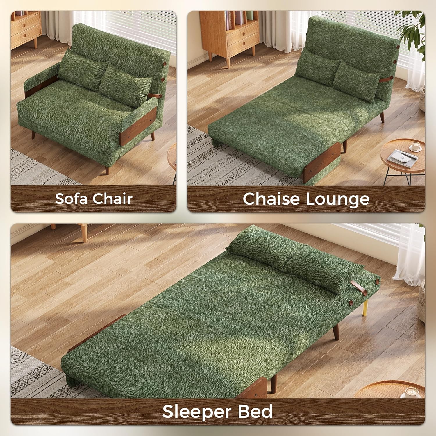 💢 JASIWAY Convertible Sleeper Chair Bed for Adults, 3 in 1 Linen Convertable Futon Chair with Pillow, Fold Out Single Sleeper Couch Guest Bed for Small Spaces, Bedroom, Office, Mid-Century Green, 43.3" | 5 Adjust Position, Multifunctional, Sturdy Frame, Breathable material, Easy Assembly