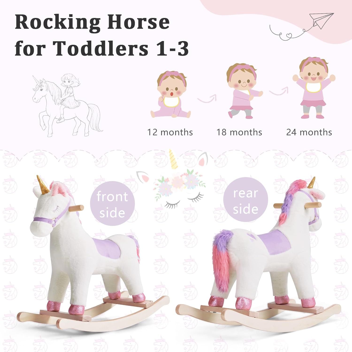 labebe - Baby Rocking Horse, Ride Unicorn, Kid Ride On Toy for 6 Month-3 Year Old, Infant (Boy Girl) Plush Animal Rocker, Toddler/Child Stuffed Ride Toy (Pink)