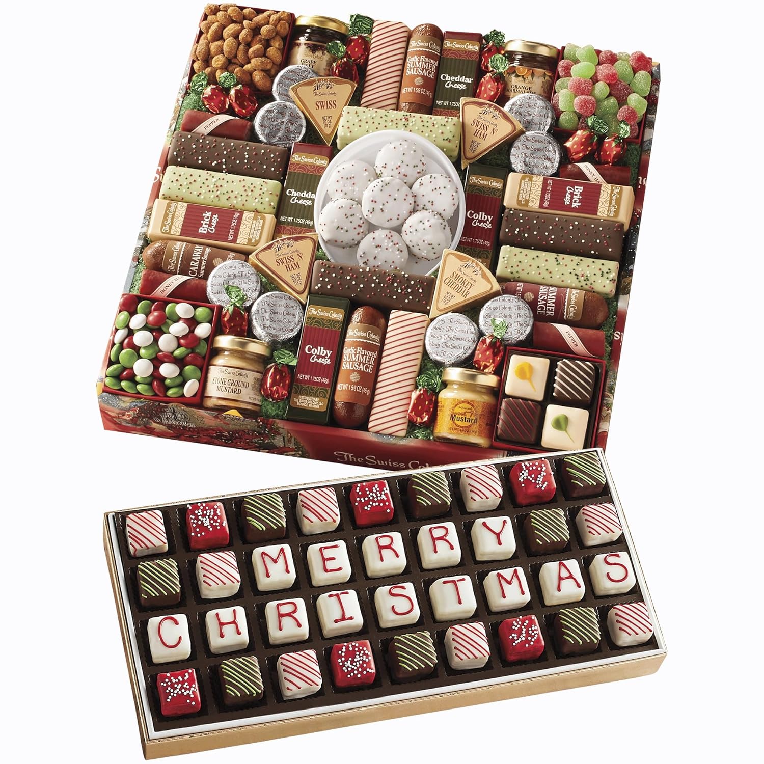 The Swiss Colony 43 Season Pleasers - Assorted Summer Sausage Meats, Cheese Bricks & Wedges, Spreadables, Candies & Chocolate Treats with Merry Christmas Petits Fours Gourmet Mini Layer Cakes