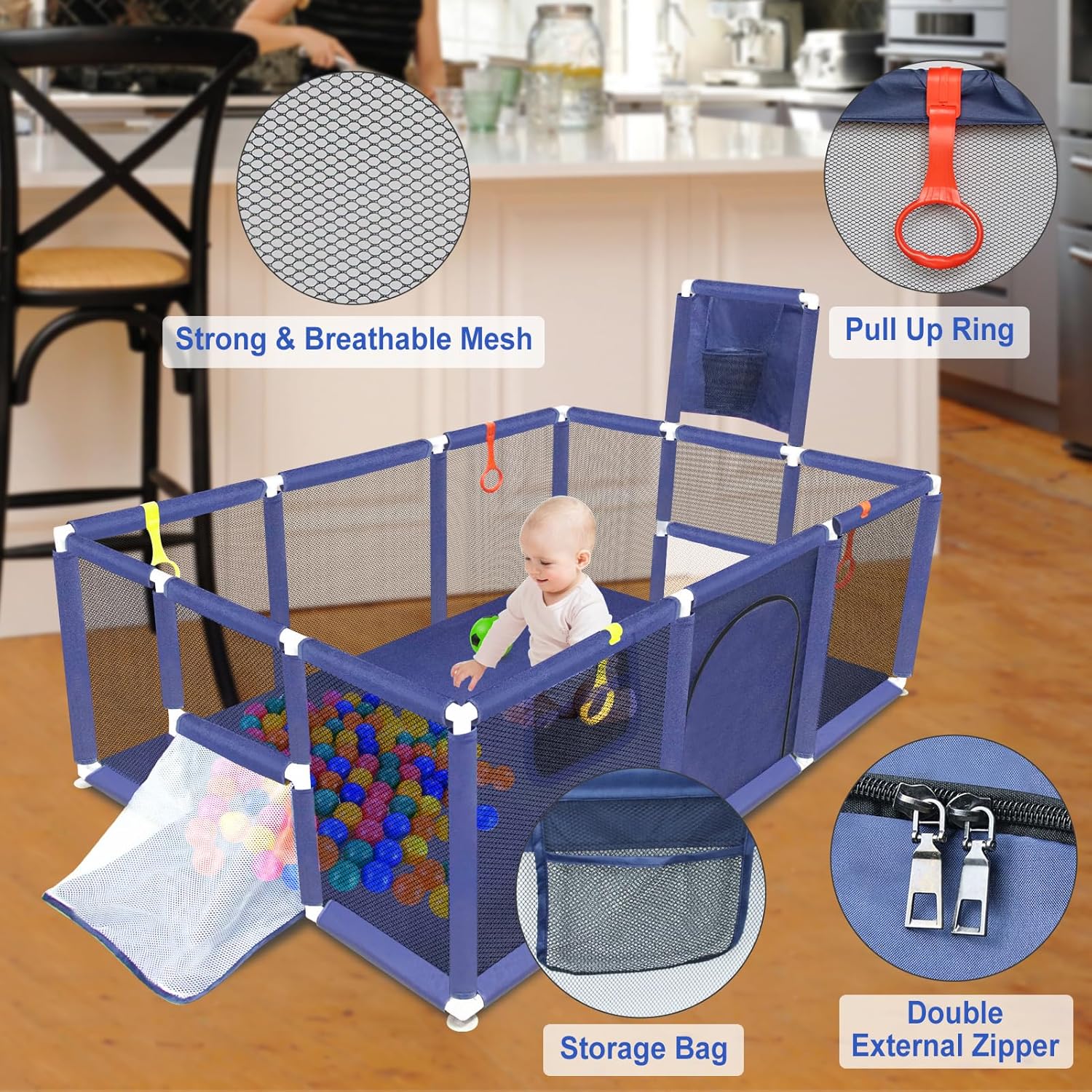 👉Price Reduction Notice👈 74×50 Large Playpen for Babies and Toddlers, Kids Playyard with Basketball Hoop & Football Nets, Comes with a Storage Carry Bag, Pull Up Rings, Sturdy Safety Play Pen w/Soft Breathable Mesh