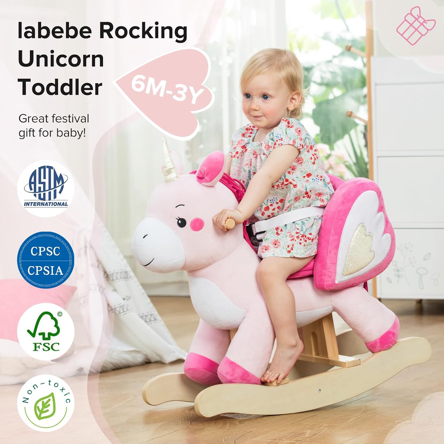 labebe - Baby Rocking Horse, Ride Unicorn, Kid Ride On Toy for 6 Month-3 Year Old, Infant (Boy Girl) Plush Animal Rocker, Toddler/Child Stuffed Ride Toy (Pink)