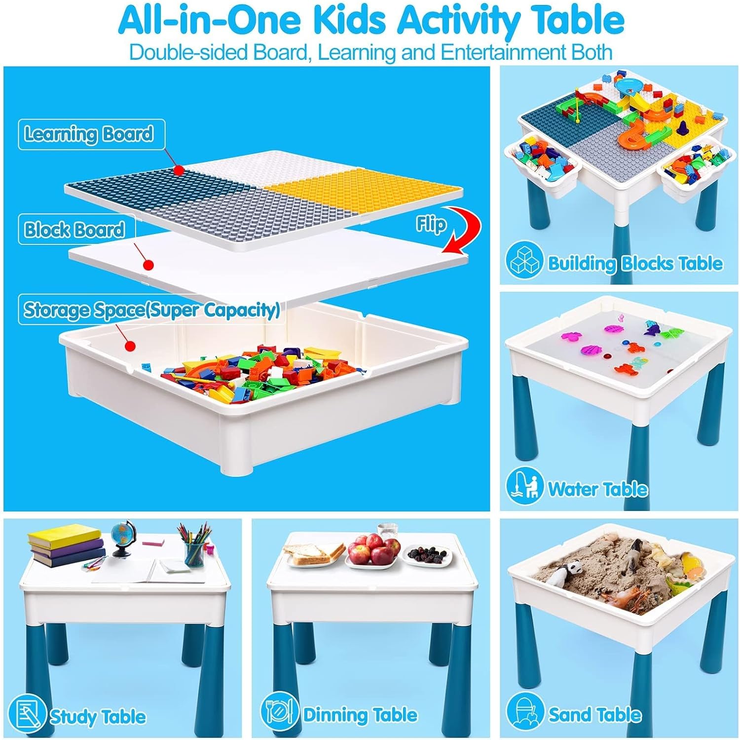 OCATO Kids Activity Table Toddlers Kids Table and Chair Set with 152Pcs Large Marble Run Building Blocks All in One Kid Play Water Tables Sand Tables, STEM Toys for Boys Girls 3 4 5 6 Year Old