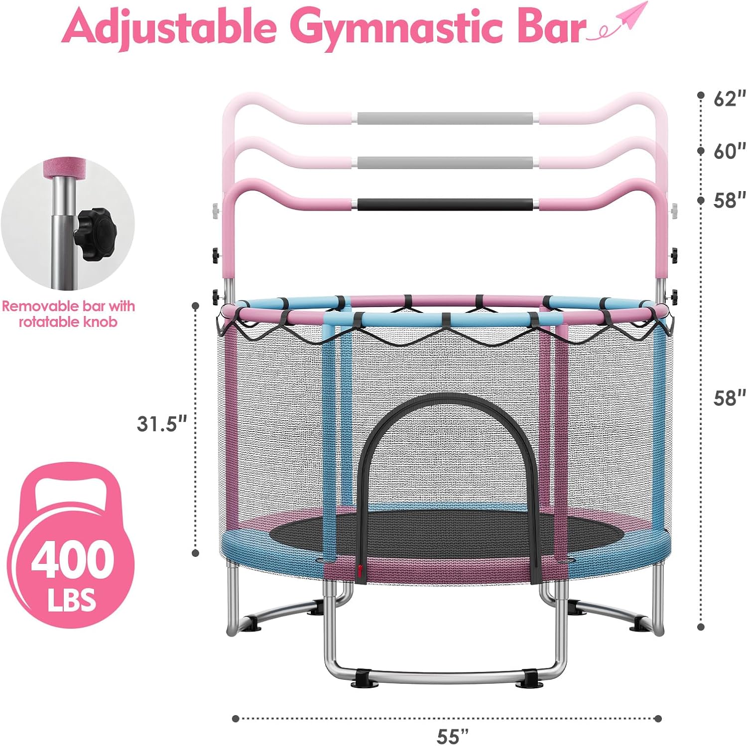 🔥【Year-end promotion】55/60 Trampoline for Kids, 4.5/5 FT Toddler Trampoline with Enclosur Net, Basketball Hoop & Sandbag, 440 LBS Capacity, Adjustable Height，Gifts for Ages 3-12 Boys & Girls