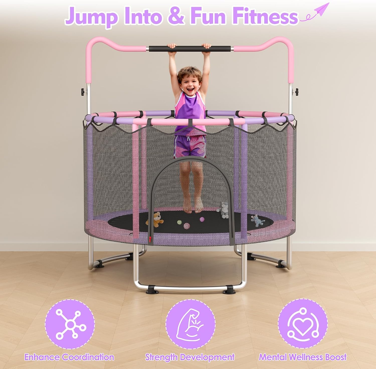 🔥【Year-end promotion】55/60 Trampoline for Kids, 4.5/5 FT Toddler Trampoline with Enclosur Net, Basketball Hoop & Sandbag, 440 LBS Capacity, Adjustable Height，Gifts for Ages 3-12 Boys & Girls