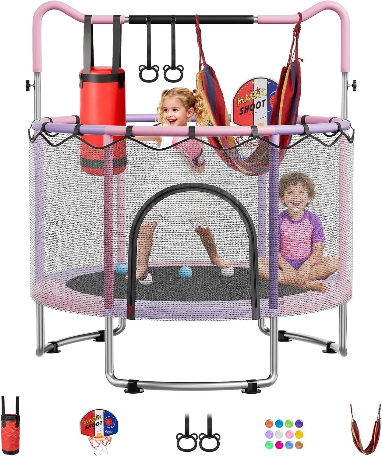 🔥【Year-end promotion】55/60 Trampoline for Kids, 4.5/5 FT Toddler Trampoline with Enclosur Net, Basketball Hoop & Sandbag, 440 LBS Capacity, Adjustable Height，Gifts for Ages 3-12 Boys & Girls