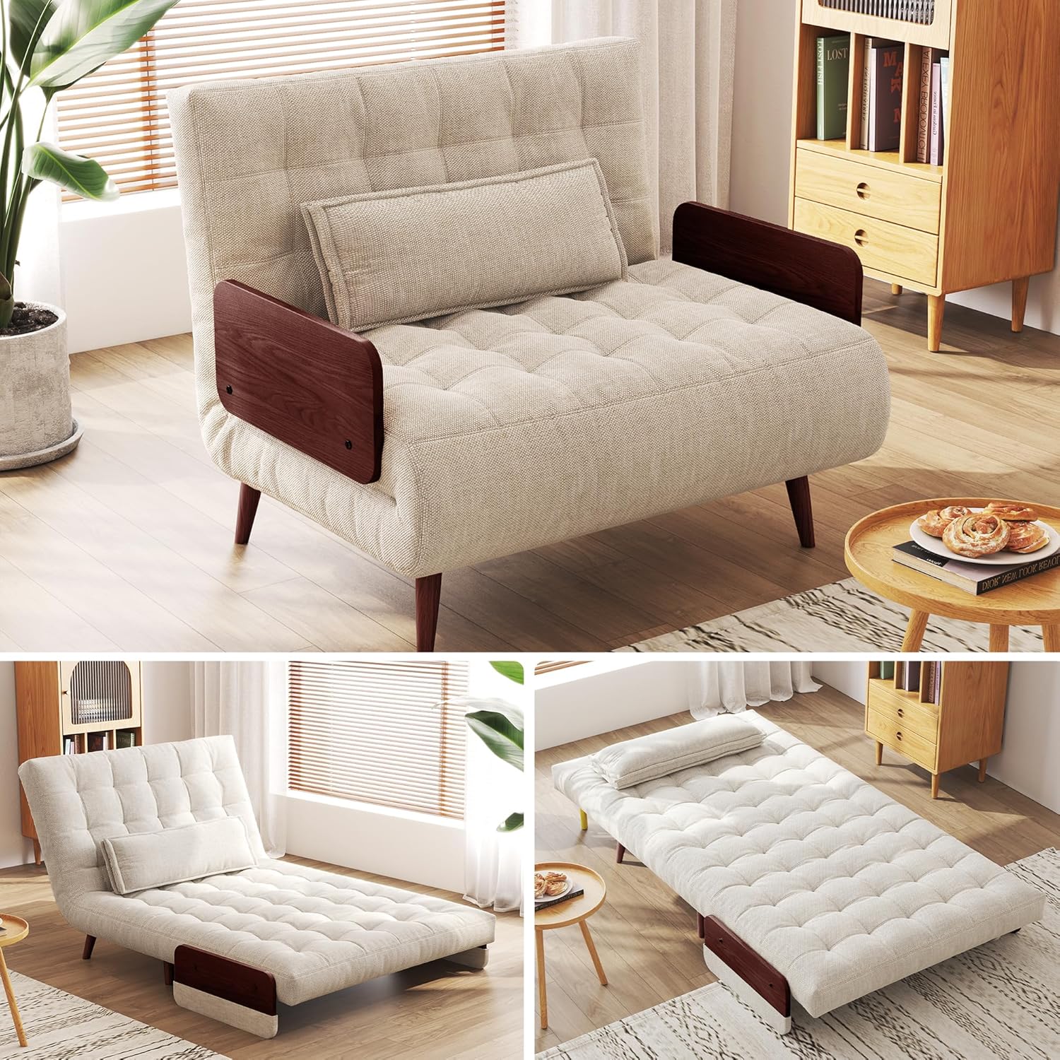 💢 JASIWAY Convertible Sleeper Chair Bed for Adults, 3 in 1 Linen Convertable Futon Chair with Pillow, Fold Out Single Sleeper Couch Guest Bed for Small Spaces, Bedroom, Office, Mid-Century Green, 43.3" | 5 Adjust Position, Multifunctional, Sturdy Frame, Breathable material, Easy Assembly