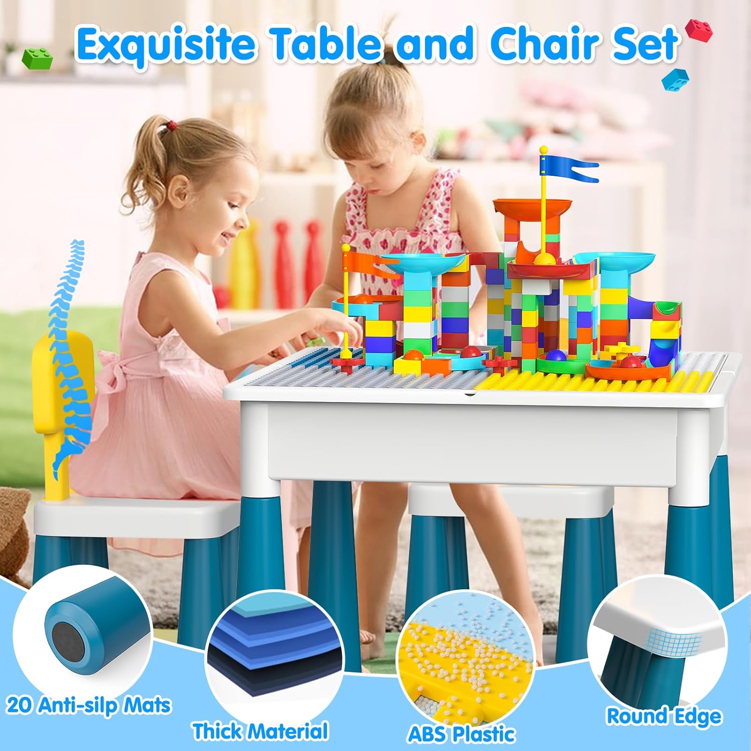 OCATO Kids Activity Table Toddlers Kids Table and Chair Set with 152Pcs Large Marble Run Building Blocks All in One Kid Play Water Tables Sand Tables, STEM Toys for Boys Girls 3 4 5 6 Year Old