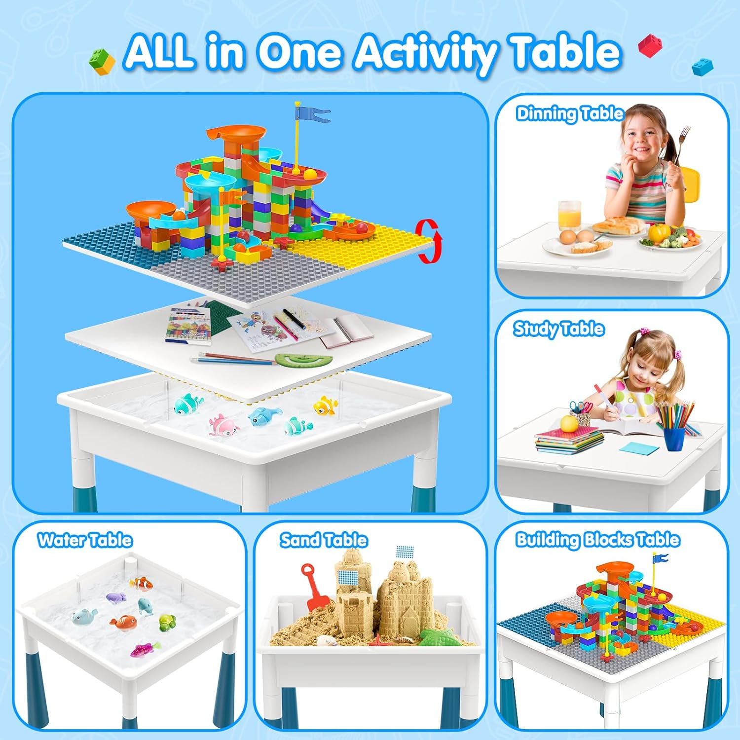 OCATO Kids Activity Table Toddlers Kids Table and Chair Set with 152Pcs Large Marble Run Building Blocks All in One Kid Play Water Tables Sand Tables, STEM Toys for Boys Girls 3 4 5 6 Year Old
