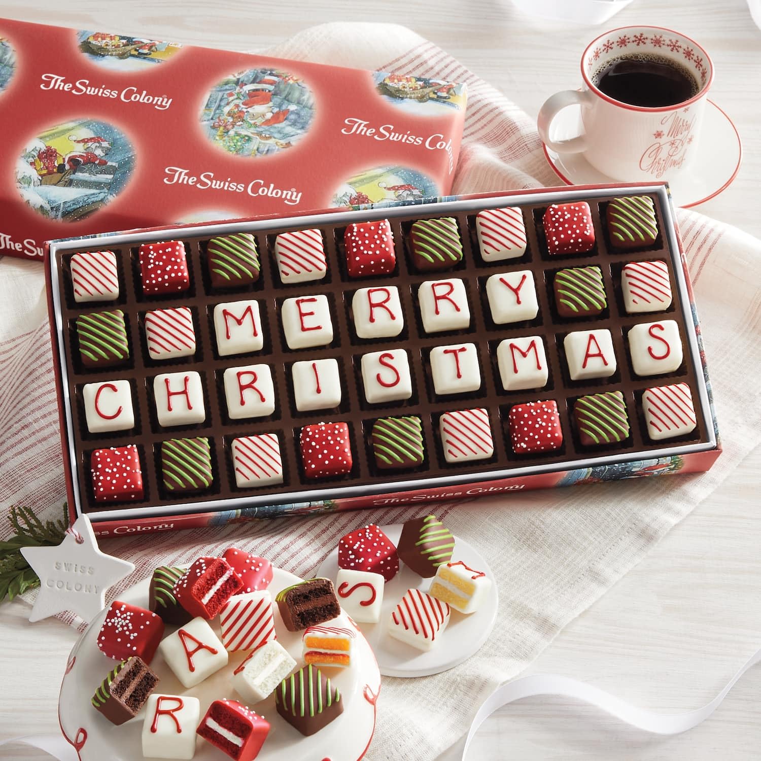 The Swiss Colony 43 Season Pleasers - Assorted Summer Sausage Meats, Cheese Bricks & Wedges, Spreadables, Candies & Chocolate Treats with Merry Christmas Petits Fours Gourmet Mini Layer Cakes
