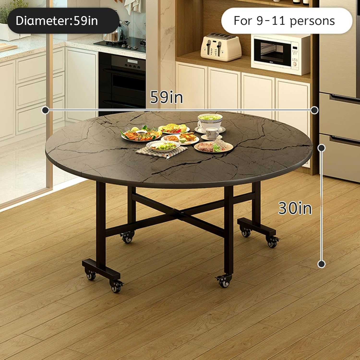 😍【Buy 1 Get 1 Free】Wooden Folding Dining Table With 4 Wheels Round Foldable Kitchen Table Space Saving Dining Table Vintage Expandable Dining Table For 6 Dining Room Tables Banquet Tables For Gatherings Meeting