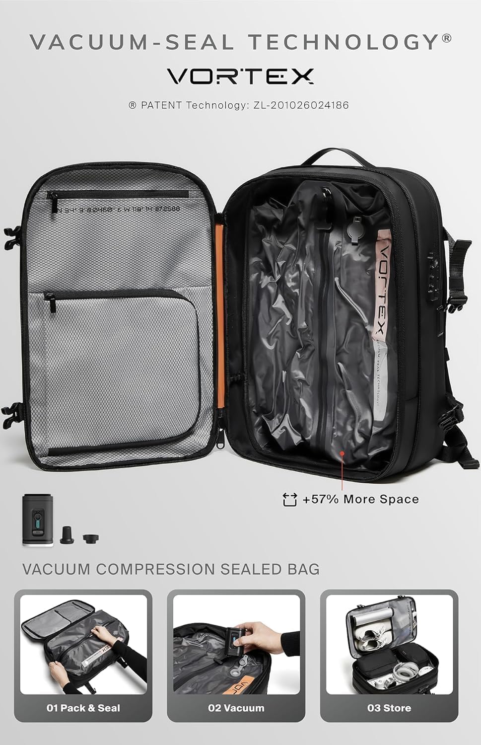 🌲🔥【Buy 1 Get 1 Free】Vortex Vacuum Seal Travel Backpack 60L Expandable Air Compression System Water Resistant TSA Lock Carry-On Suitcase Luggage Blue AERO - Vacuum Pump Included