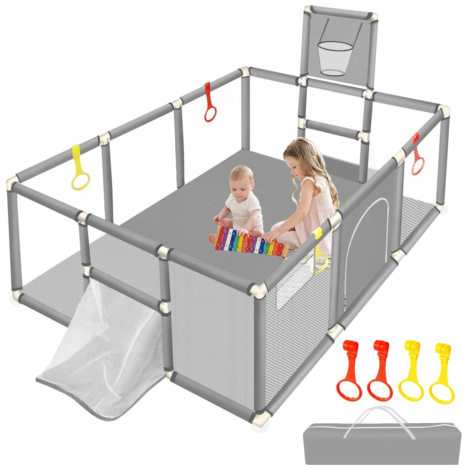 👉Price Reduction Notice👈 74×50 Large Playpen for Babies and Toddlers, Kids Playyard with Basketball Hoop & Football Nets, Comes with a Storage Carry Bag, Pull Up Rings, Sturdy Safety Play Pen w/Soft Breathable Mesh