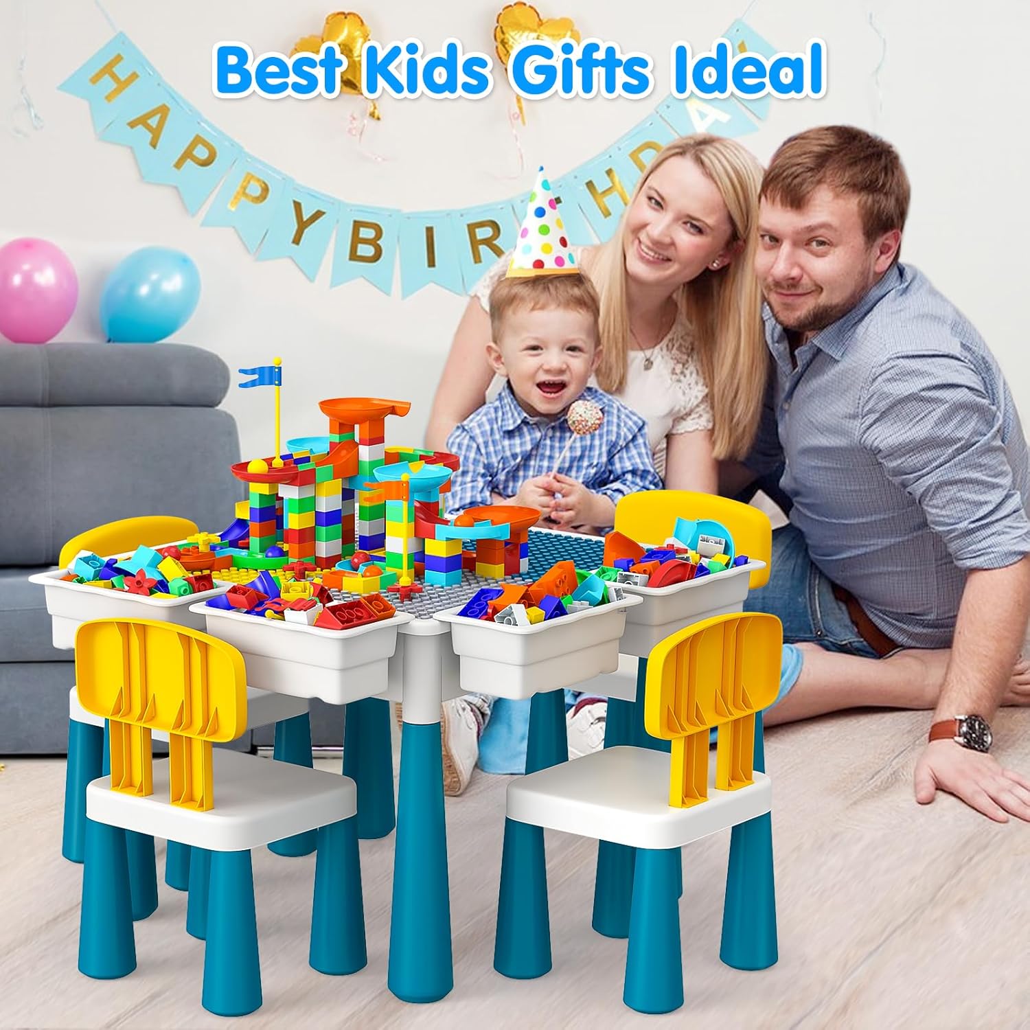 OCATO Kids Activity Table Toddlers Kids Table and Chair Set with 152Pcs Large Marble Run Building Blocks All in One Kid Play Water Tables Sand Tables, STEM Toys for Boys Girls 3 4 5 6 Year Old