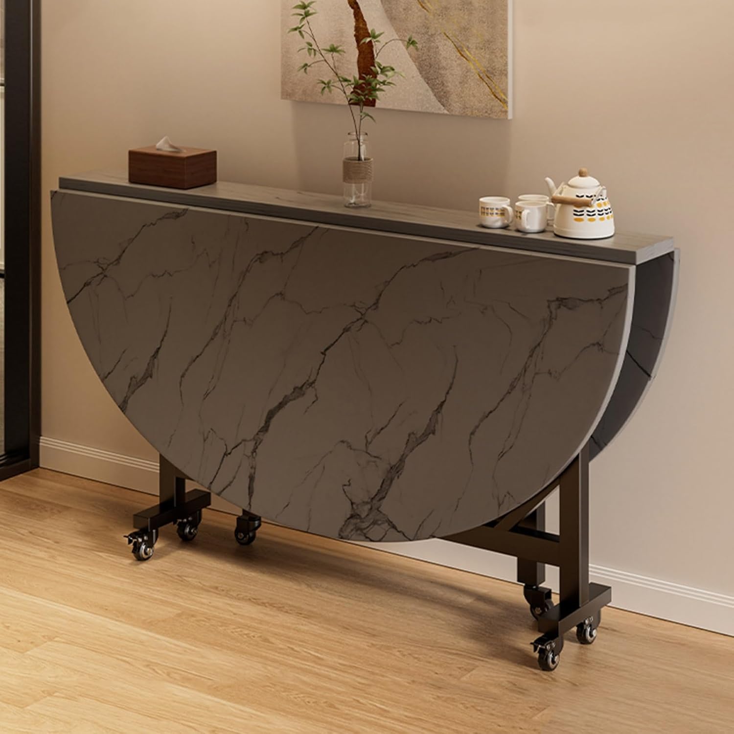 😍【Buy 1 Get 1 Free】Wooden Folding Dining Table With 4 Wheels Round Foldable Kitchen Table Space Saving Dining Table Vintage Expandable Dining Table For 6 Dining Room Tables Banquet Tables For Gatherings Meeting