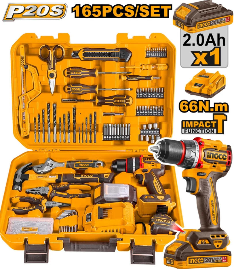 🔥【Last day clearance sale】BUILDMATE Ingco 165pcs Household Tools Set Lithium-Ion Impact Drill with Hand Tool Kit Combo Home Repair Tool Set HKTHP11651 - ICPT