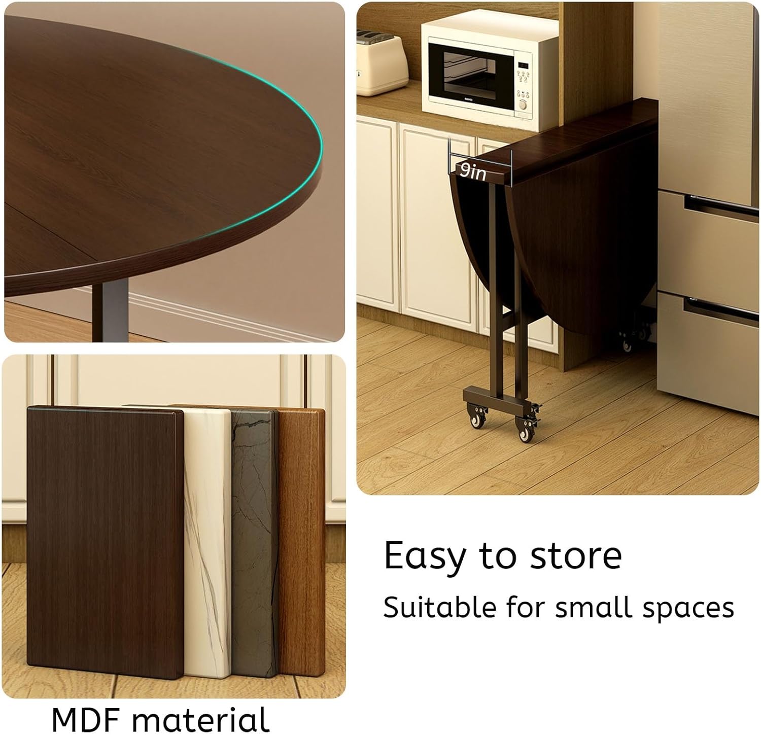 😍【Buy 1 Get 1 Free】Wooden Folding Dining Table With 4 Wheels Round Foldable Kitchen Table Space Saving Dining Table Vintage Expandable Dining Table For 6 Dining Room Tables Banquet Tables For Gatherings Meeting