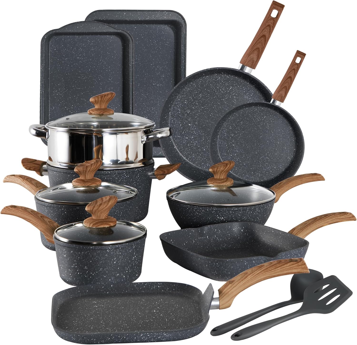 🔥Kitchen Academy Induction Cookware Set-17 Piece Non-stick Cooking Pan Set, Black Granite Pots and Pans Set🔥