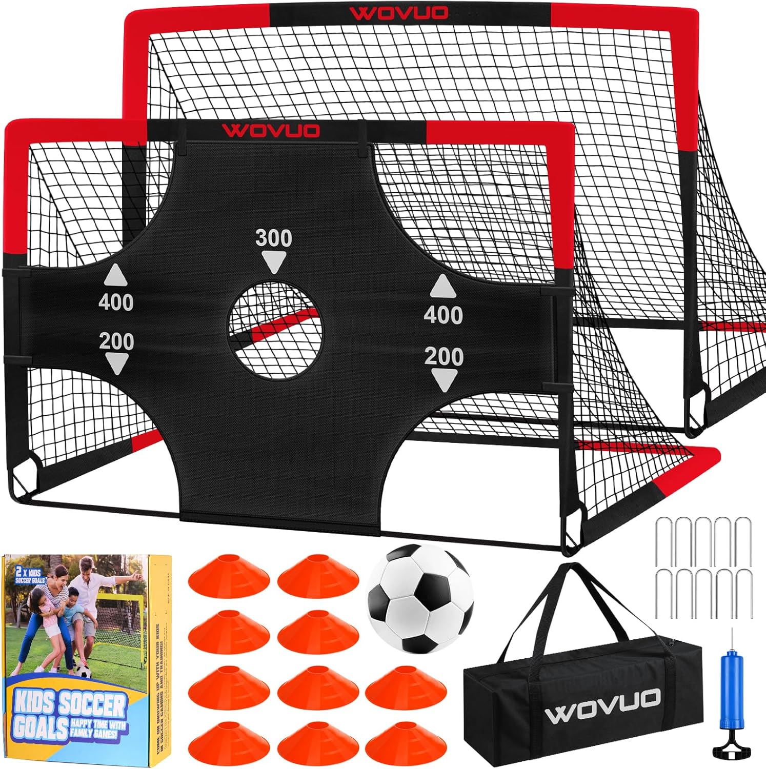 Kids Soccer Goals for Backyard Set of 2, 6x4 ft Portable Toddler Soccer Goal Training Equipment with Soccer Target, Ball, Cones, Soccer Net for Kids Age 3-5 6-8 8-12 10-12-14 Outdoor Sports Games Gift