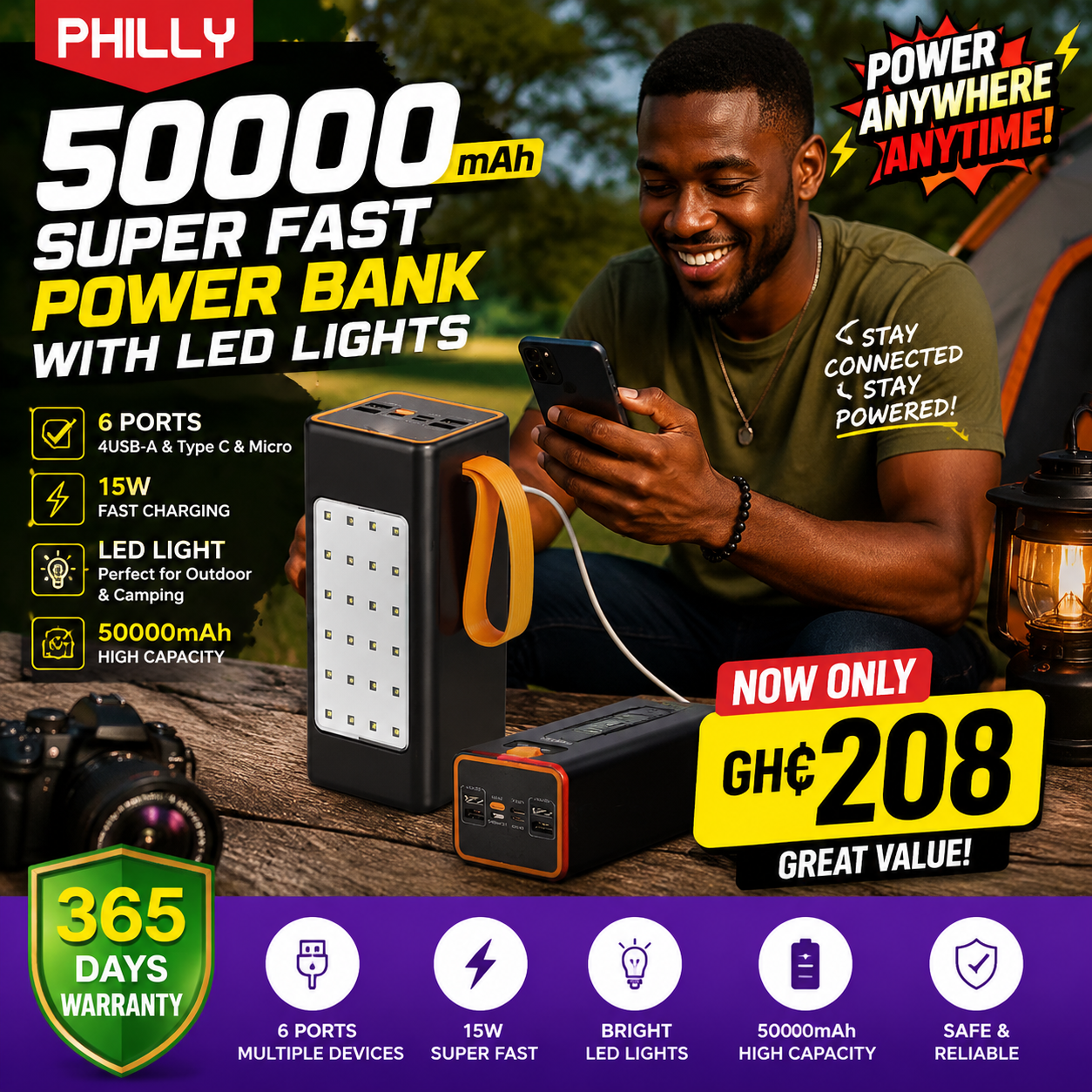 Philly 50000 MAh Super Fast Charger Power Bank With LED Lights