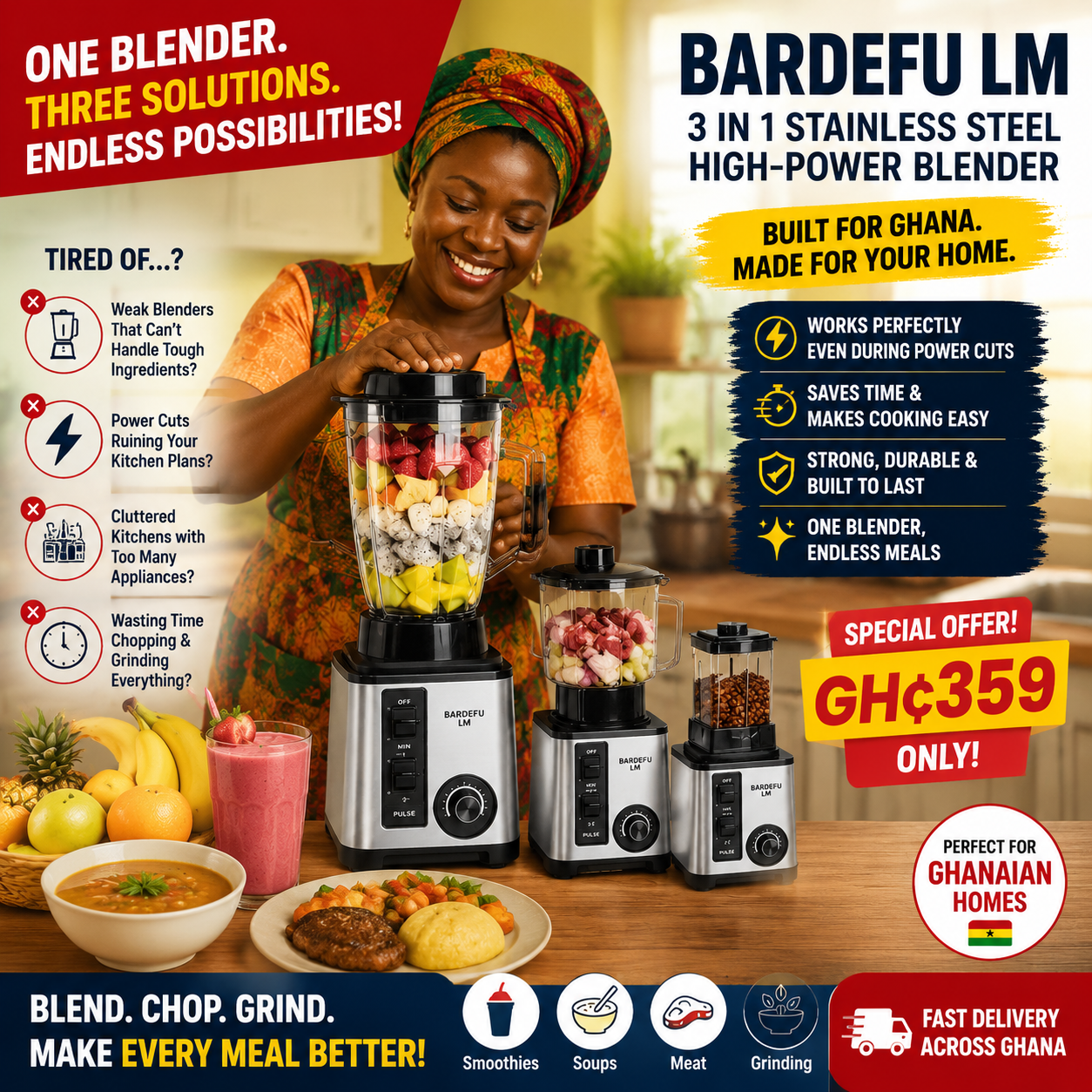 BARDEFU LM-High-end Quality 3 In 1 Stainless Steel High-power 3L Blender - Silver Black