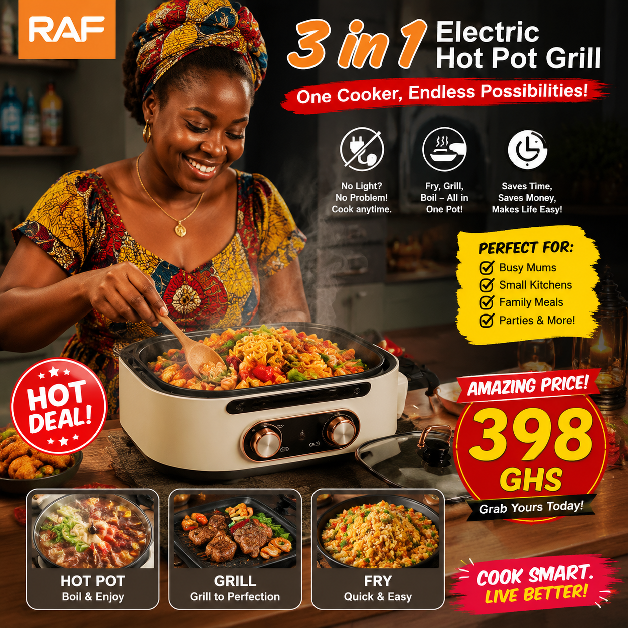 RAF 3 In 1 Electric Hot Pot Grill- Multipurpose Cooker 2.5L