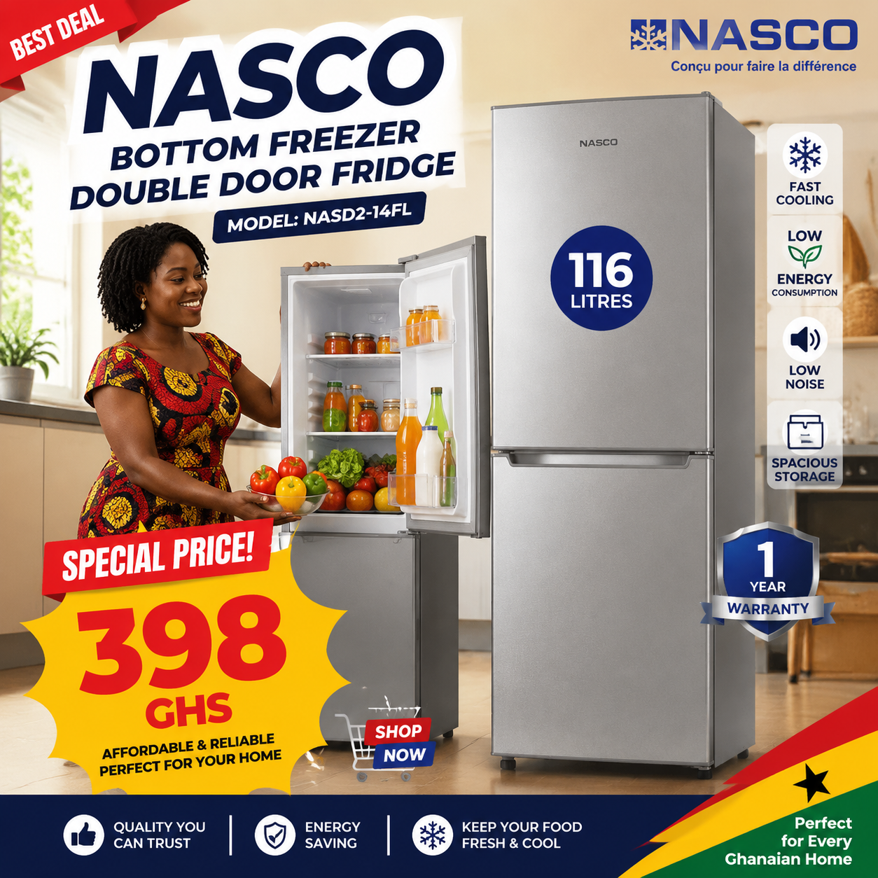Nasco 116 Litre - NASD2-14FL Bottom Freezer-Double Door Fridge - Silver