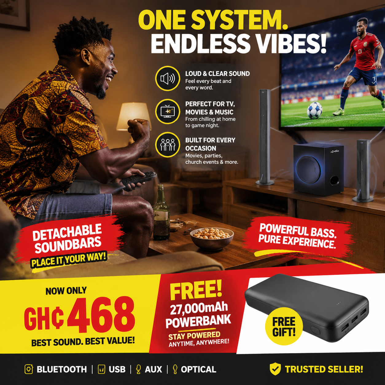 Media Bluetooth Home Speaker System + Free 27,000mah Powerbank with Detachable Soundbars & Subwoofer - Loud Clear Sound for TV, Room & Small Events - TRUSTED SELLER!!!