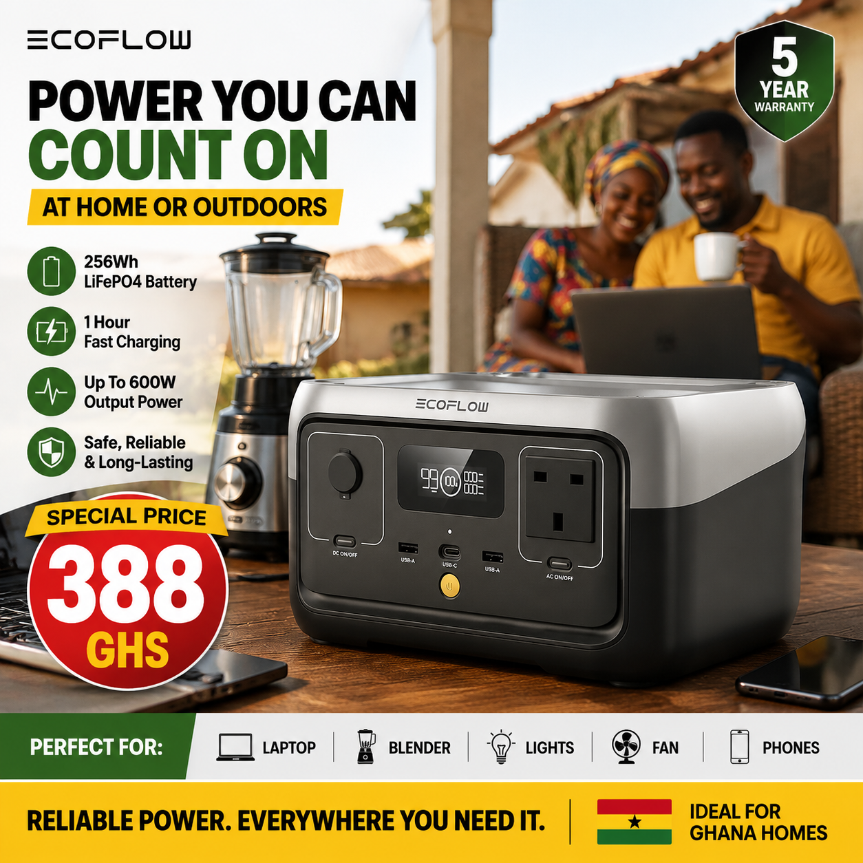 ECOFLOW Portable Power Station RIVER 2, 256Wh LiFeP04 Battery/ 1 Hour Fast Charging, Up To 600W Output, for Laptop, Blender, Light Home Use & outdoor, 5-year Warranty