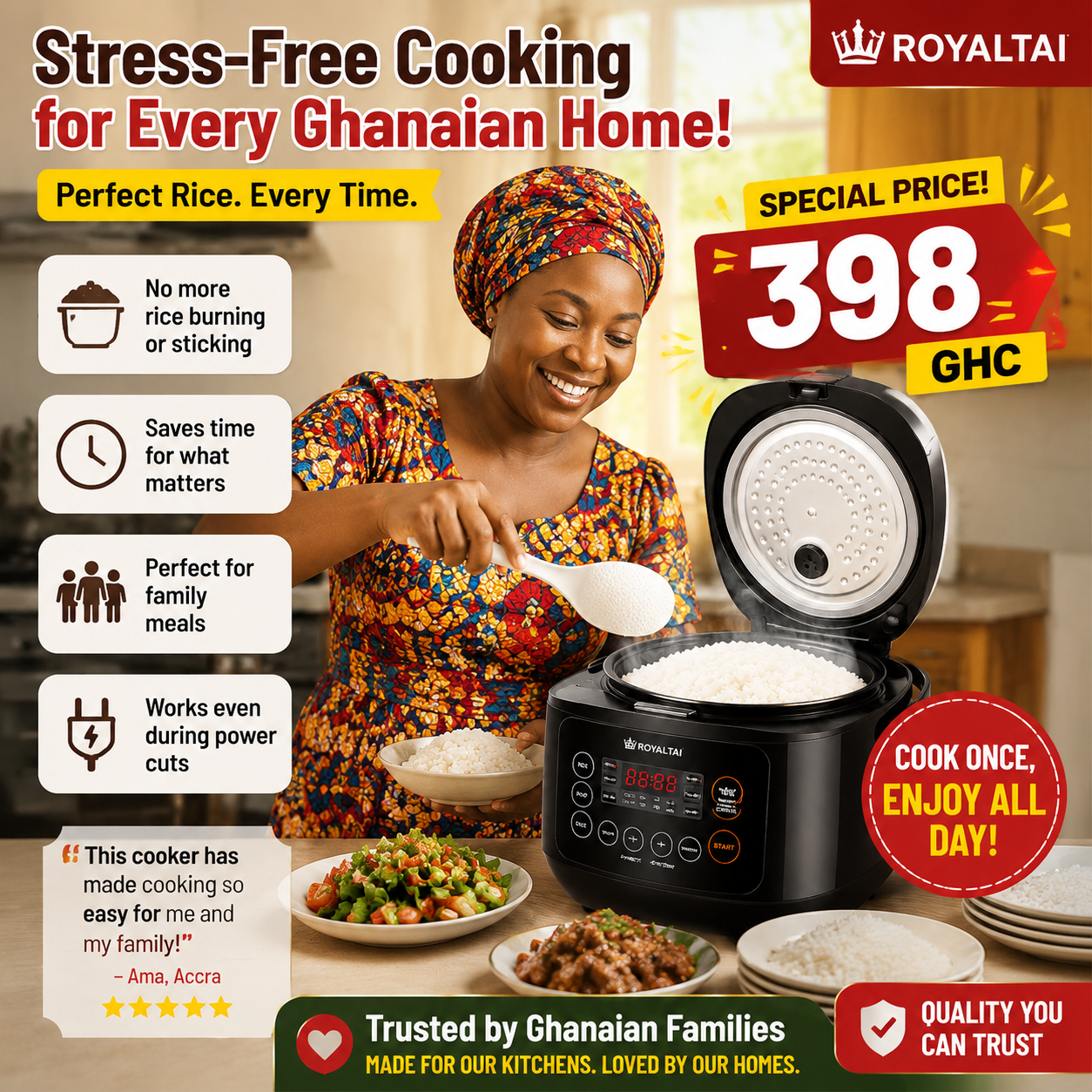 Royaltai 5L SILVER CREST Smart Rice Cooker, LCD Digital Display, Large Capacity Suitable for Families  - Black