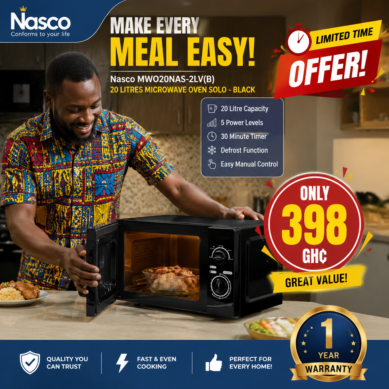 Nasco MWO20NAS-2LV(B) - 20 Litres - Microwave Oven Solo - Black