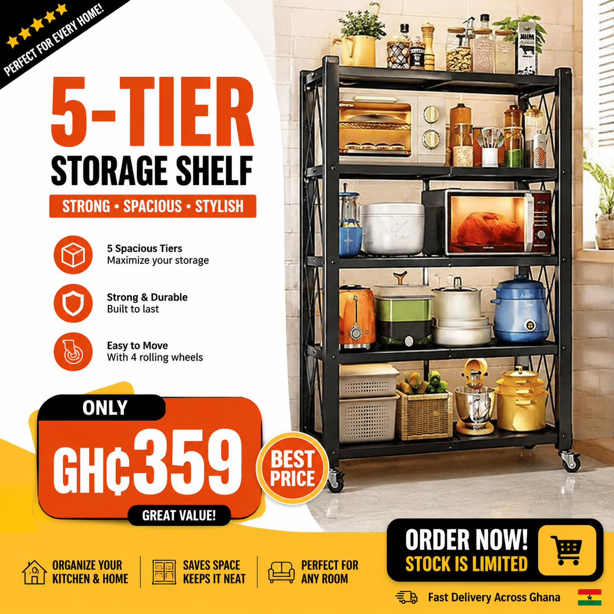 5Tier Storage Shelf Kitchen Cabinet - Black