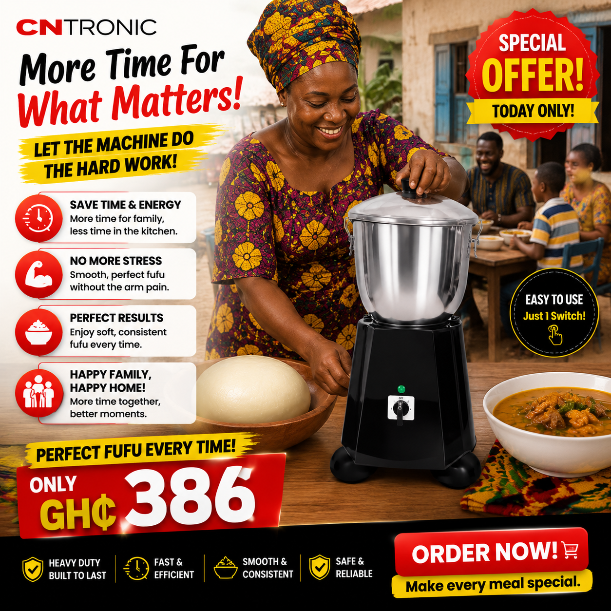 CNTRONIC 10L High Performance Fufu Machine - Heavy-Duty Electric Fufu Mixer, Fast & Efficient Food Processor for Fufu & More. Black/ Silver