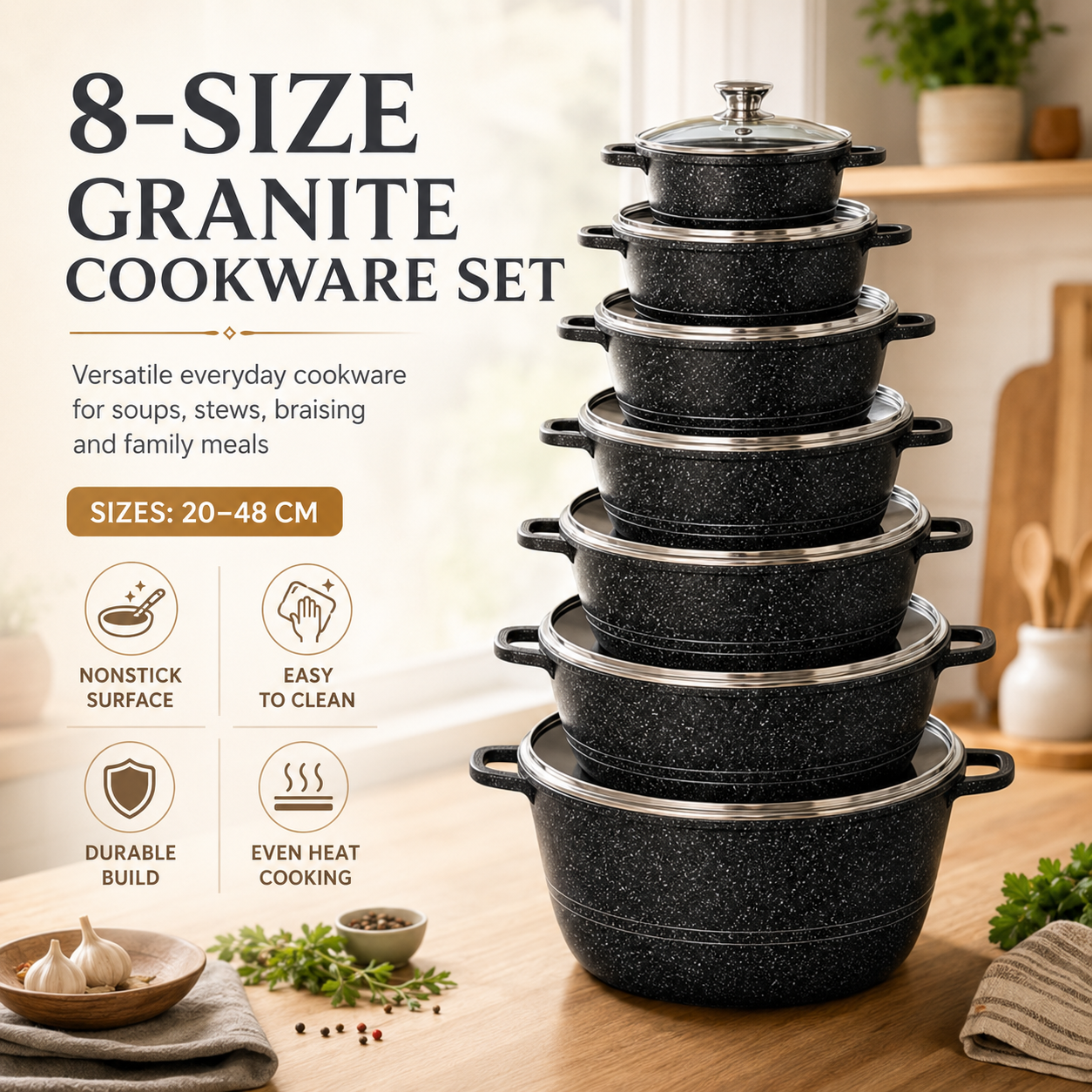 🔥🍳【50% OFF】20 24 28 32 36 40 44 CM 8PCS Nonstick Granite Coating Cookware Set