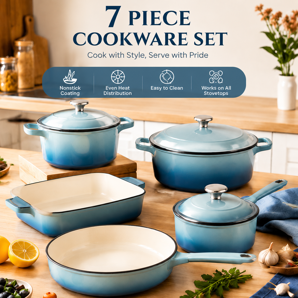 🍳7-Piece Enamel Cast Iron Cookware Set，Simple design, durable and sturdy